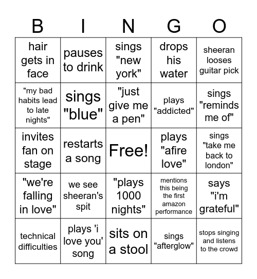 ed sheeran does this Bingo Card