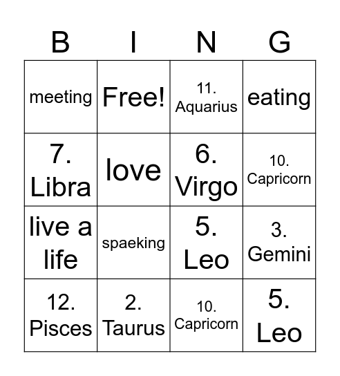 zodiac sigh Bingo Card