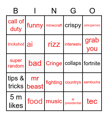 Youtube shorts Bingo Card