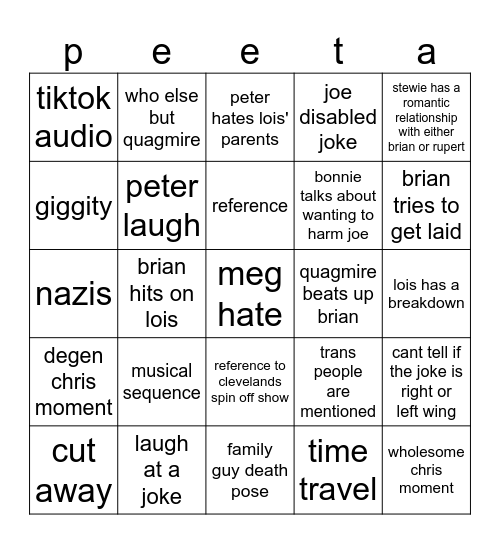 Family Guy Bingo Card