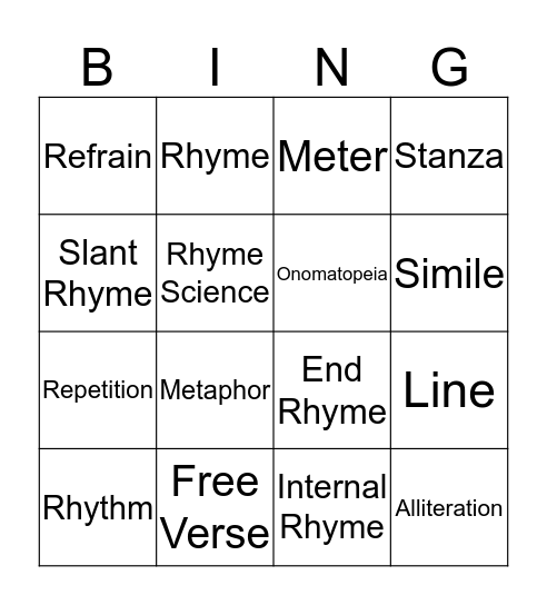 Poetry Bing Bingo Card