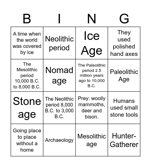 Stone Age YR3 Bingo Card