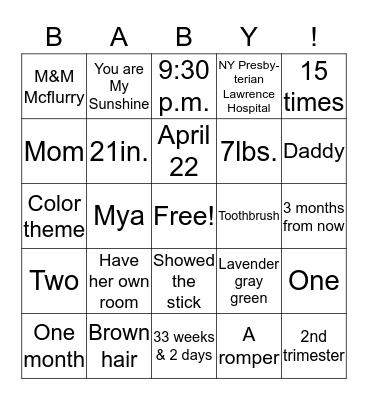 The Wagstaff Baby Shower  Bingo Card