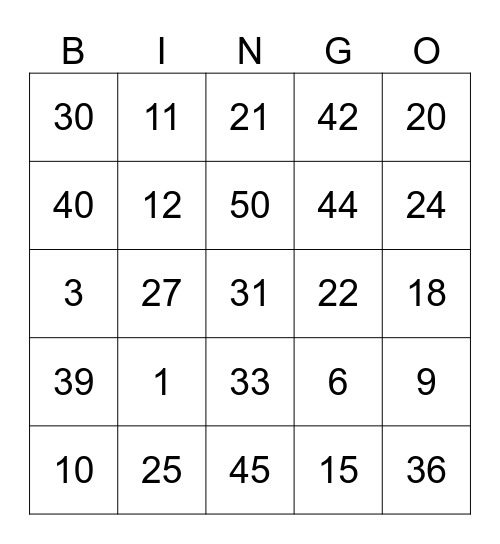 1-50 Bingo Card
