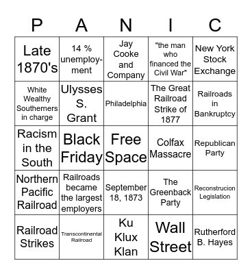 The Panic of 1873 Bingo Card