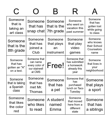 New Student Breakfast Bingo Card