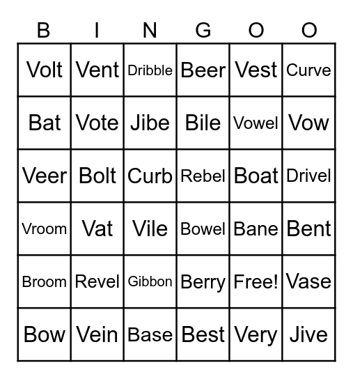 B/V Minimal Pairs Bingo Card