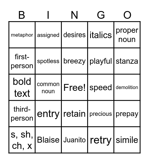 Use Your Words Bingo Card