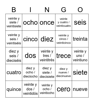 Spanish Numbers 0-30 Bingo Card
