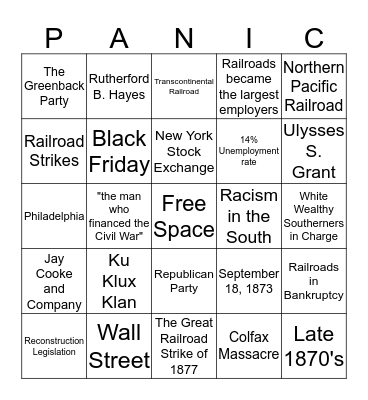 The Panic of 1873 Bingo Card