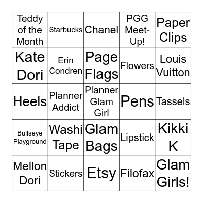 Planner Glam Girl Bingo! Bingo Card