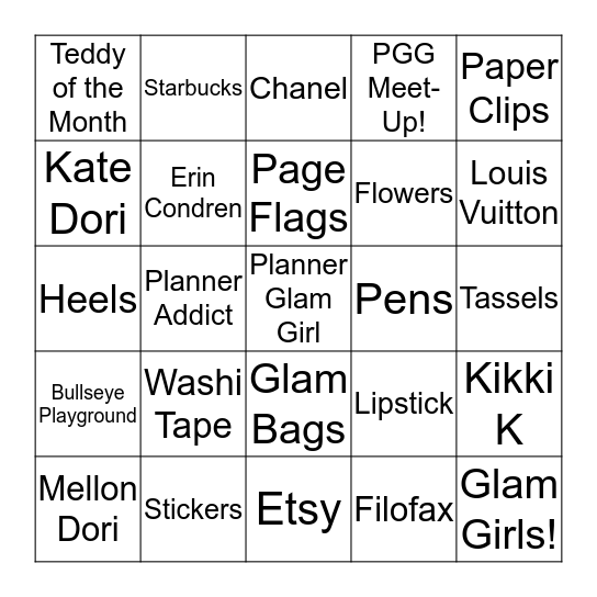 Planner Glam Girl Bingo! Bingo Card