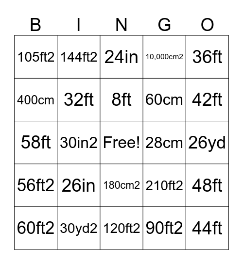 Area and Perimeter BINGO105 Bingo Card