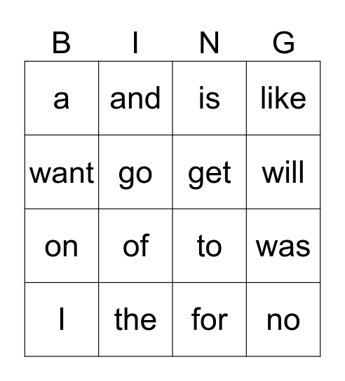 Sight Word Bingo Card