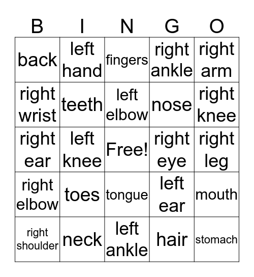 Body parts Bingo! Bingo Card