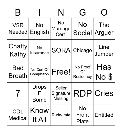 DMV Bingo Card