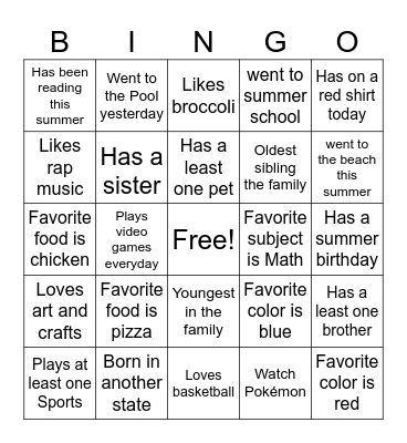 All About Me Bingo Card