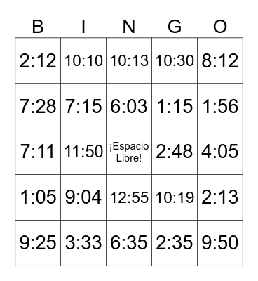 Telling Time Bingo Card