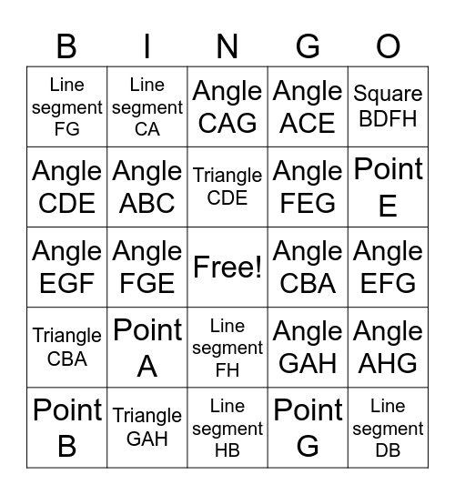 Identifying Points, Lines, Angles, and Shapes Bingo Card