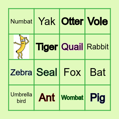 Animal Alphabet Bingo Card
