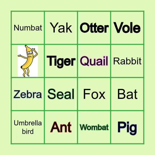 Animal Alphabet Bingo Card