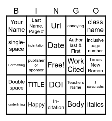 MLA Fomat Bingo Card