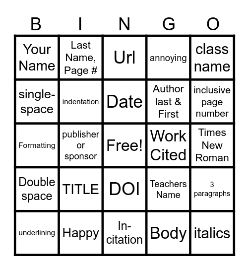 MLA Fomat Bingo Card