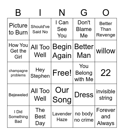 Taylor Swift Bingo Card