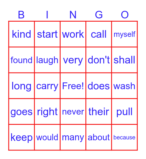 Crazy Sight Word Bingo Card