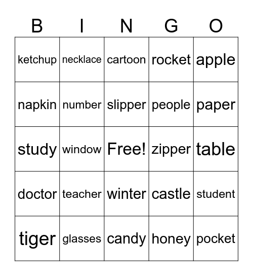 2-Syllable Words Bingo Card