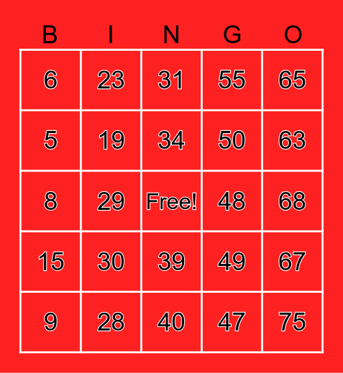 Number Bingo 1-75 Bingo Card
