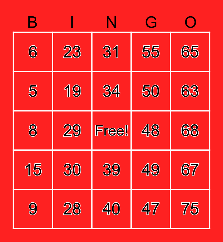 Number Bingo 1-75 Bingo Card