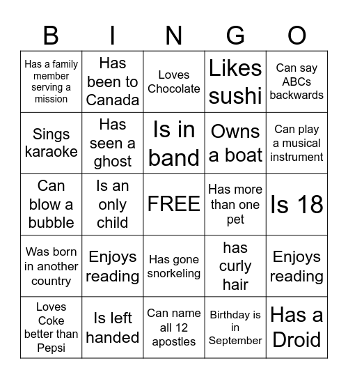 Get to Know You Bingo Card