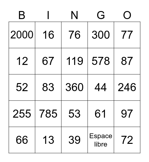 Les numéros Français 1 Bingo Card