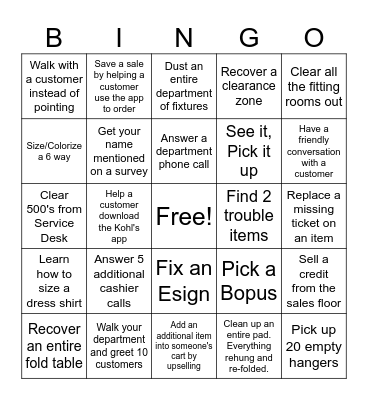 Sales Floor Bingo Card