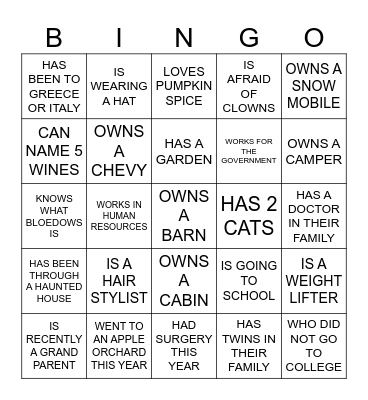 FIND SOME BODY WHO Bingo Card