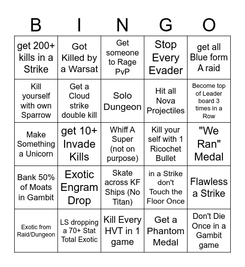 Destiny Bingo Card