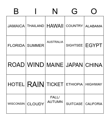 TRAVEL/STATES/GLOBAL/WEATHER Bingo Card