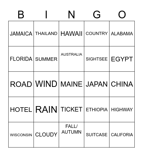 TRAVEL/STATES/GLOBAL/WEATHER Bingo Card