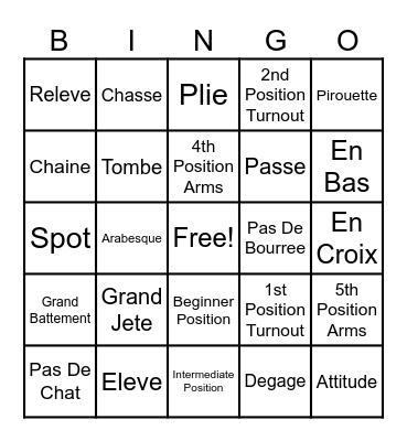 Ballet Vocabulary Bingo Card