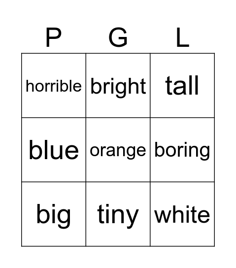 Adjectives Bingo Card