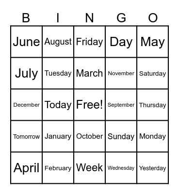 Months and Days Bingo Card