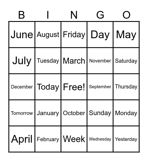 Months and Days Bingo Card