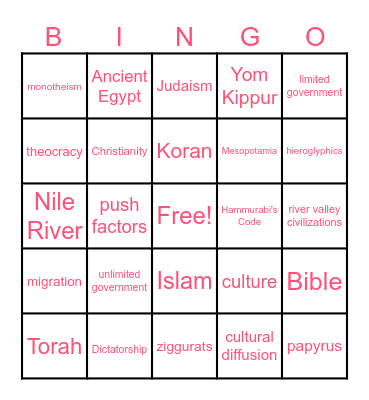 6th Grade Bingo Card