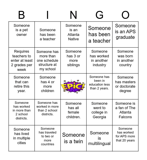 Epic Bingo- Getting to Know You Bingo Card