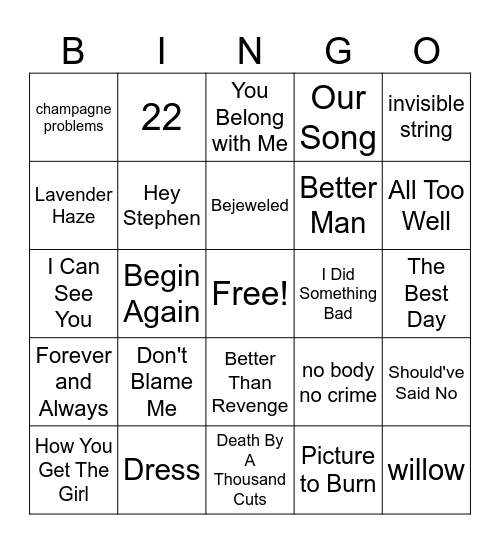 Taylor Swift Bingo Card