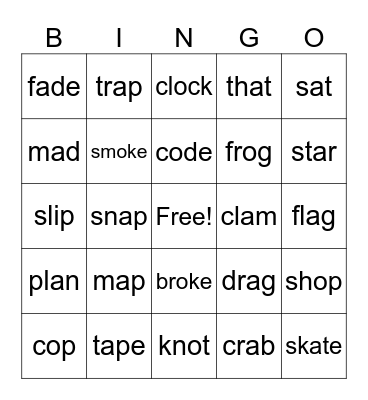 Short Vowel Words Bingo Card