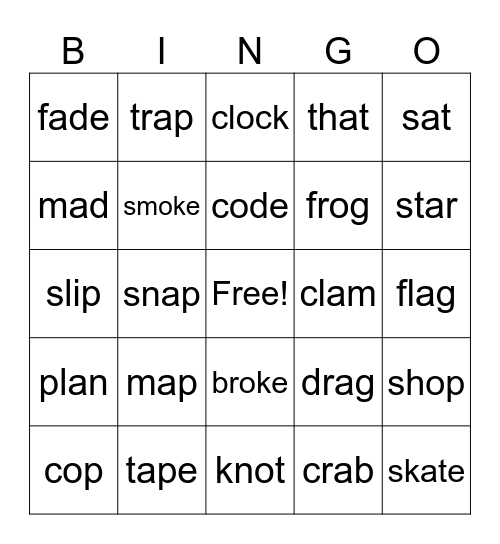 Short Vowel Words Bingo Card
