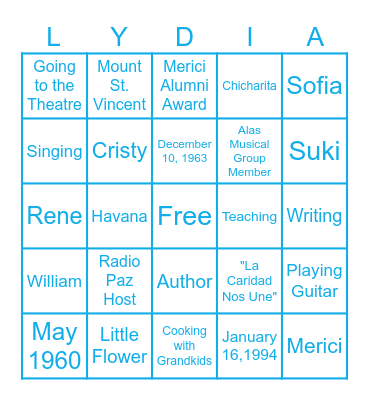 LYDIA BINGO Card