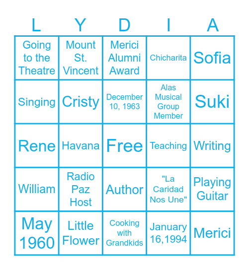 LYDIA BINGO Card